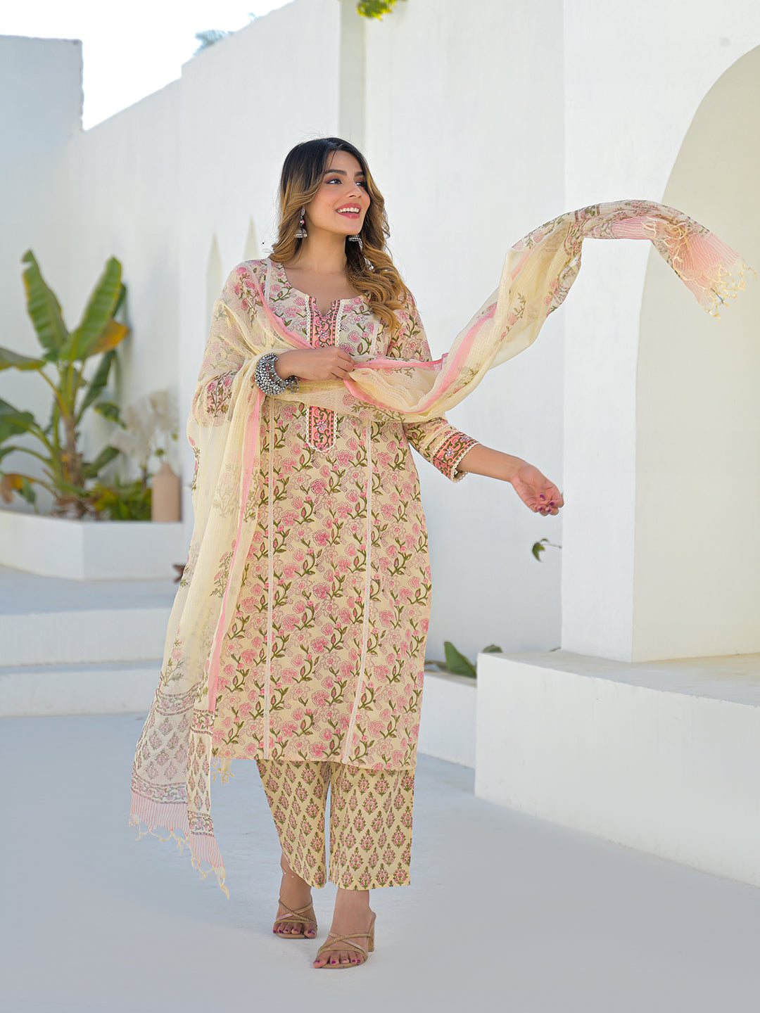 Cream Hand Block Straight Cotton Kurta Pant Set With Dupatta