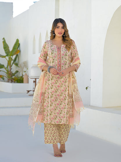 Cream Hand Block Straight Cotton Kurta Pant Set With Dupatta