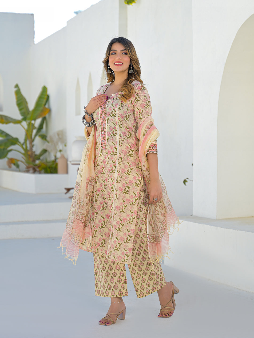 Cream Hand Block Straight Cotton Kurta Pant Set With Dupatta