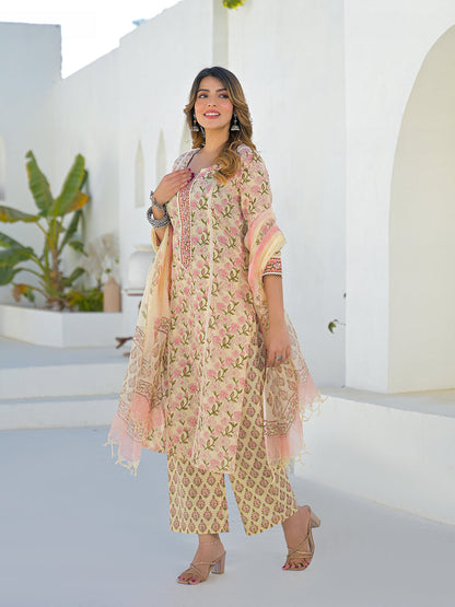 Cream Hand Block Straight Cotton Kurta Pant Set With Dupatta
