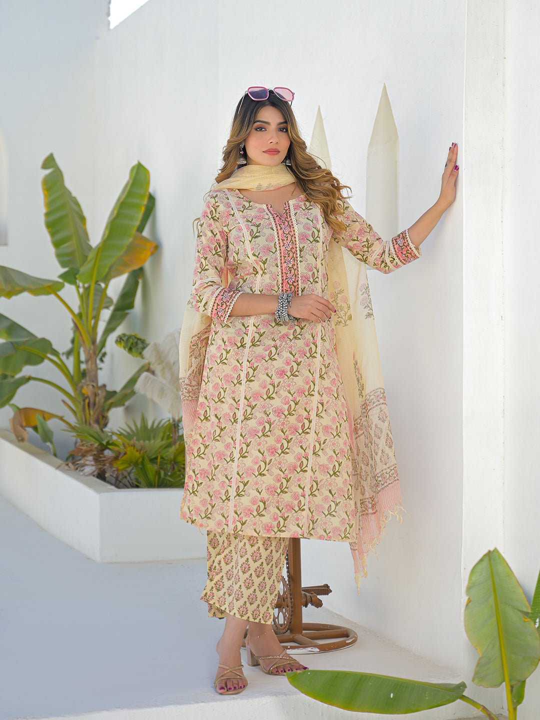 Cream Hand Block Straight Cotton Kurta Pant Set With Dupatta