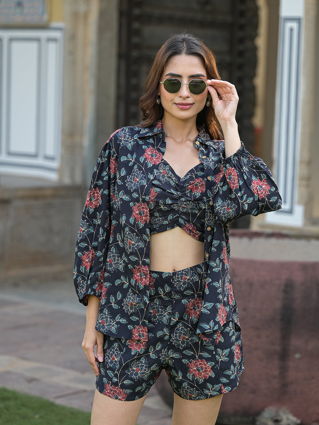 Dark Blue Floral Print Rayon Fabric  Shirts Shorts With Crop Top three Piece set