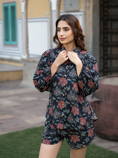 Dark Blue Floral Print Rayon Fabric  Shirts Shorts With Crop Top three Piece set