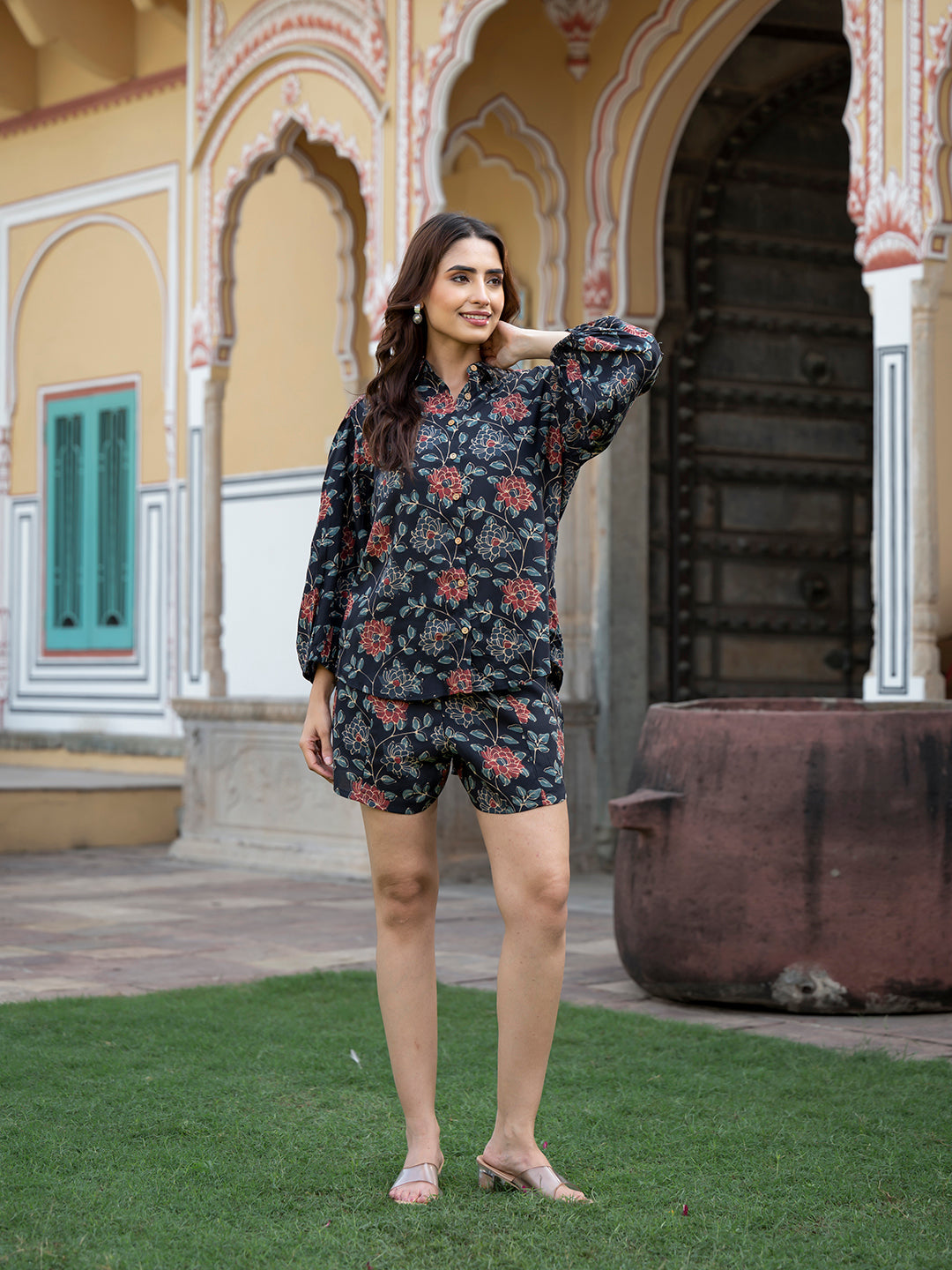 Dark Blue Floral Print Rayon Fabric  Shirts Shorts With Crop Top three Piece set