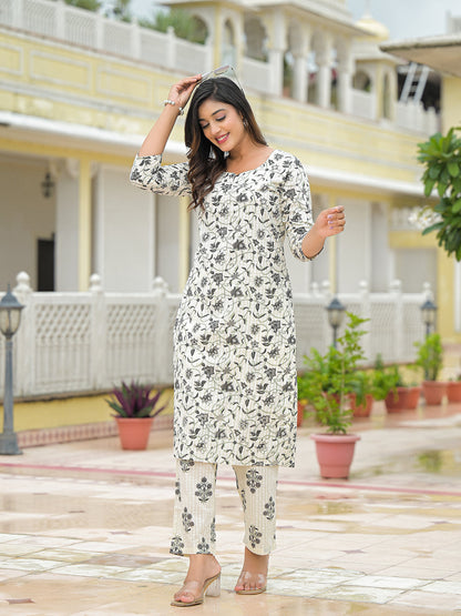 Cream Floral Printed Cotton Kurta Pant Sets