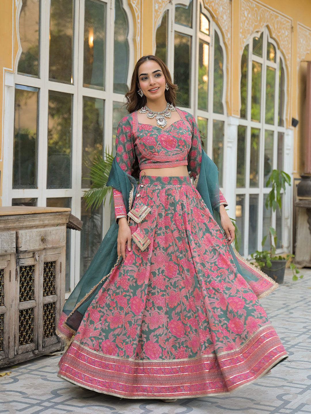 Green Printed Cotton Lehenga with Choli and Dupatta