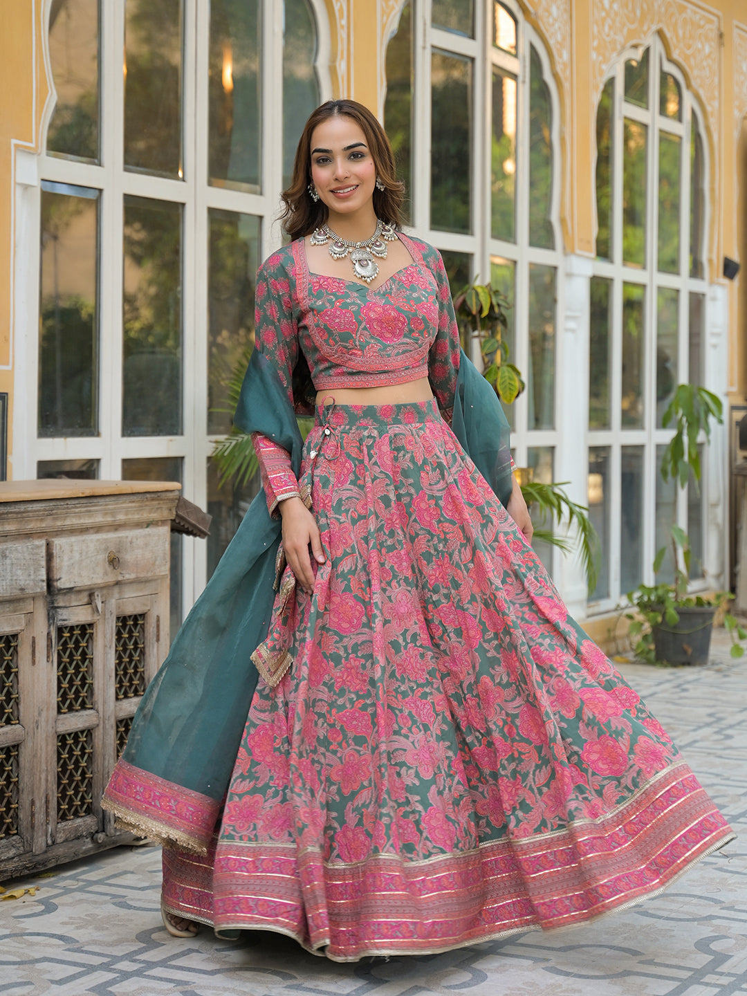 Green Printed Cotton Lehenga with Choli and Dupatta