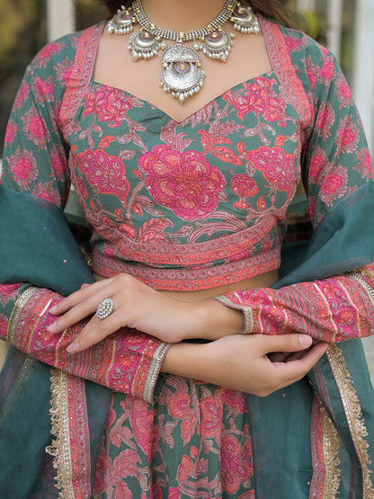 Green Printed Cotton Lehenga with Choli and Dupatta