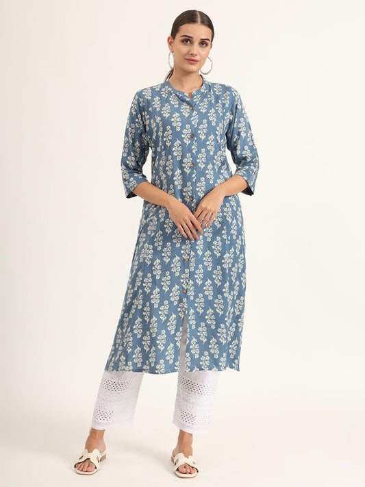 Blue Floral Print Pure Cotton Straight Kurta