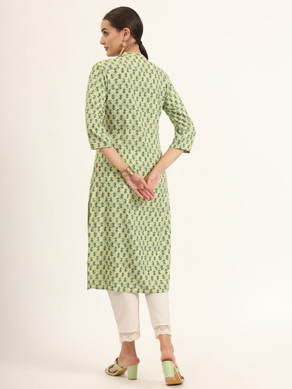 Green Floral Print Pure Cotton Straight Kurta