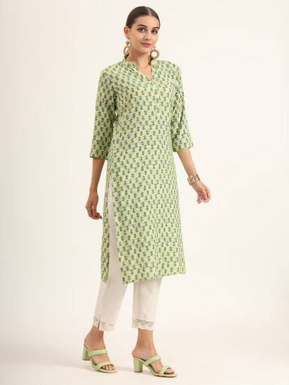 Green Floral Print Pure Cotton Straight Kurta