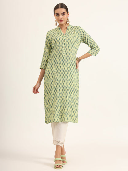 Green Floral Print Pure Cotton Straight Kurta