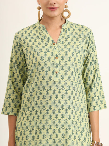 Green Floral Print Pure Cotton Straight Kurta