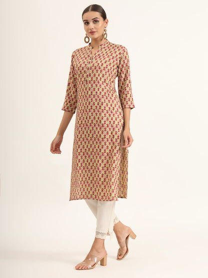 Red Floral Print Pure Cotton Straight Kurta