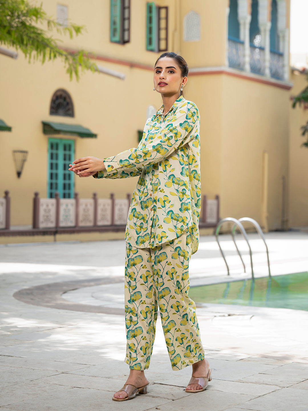 Green Floral Printed Rayon Co-ord Set for Women