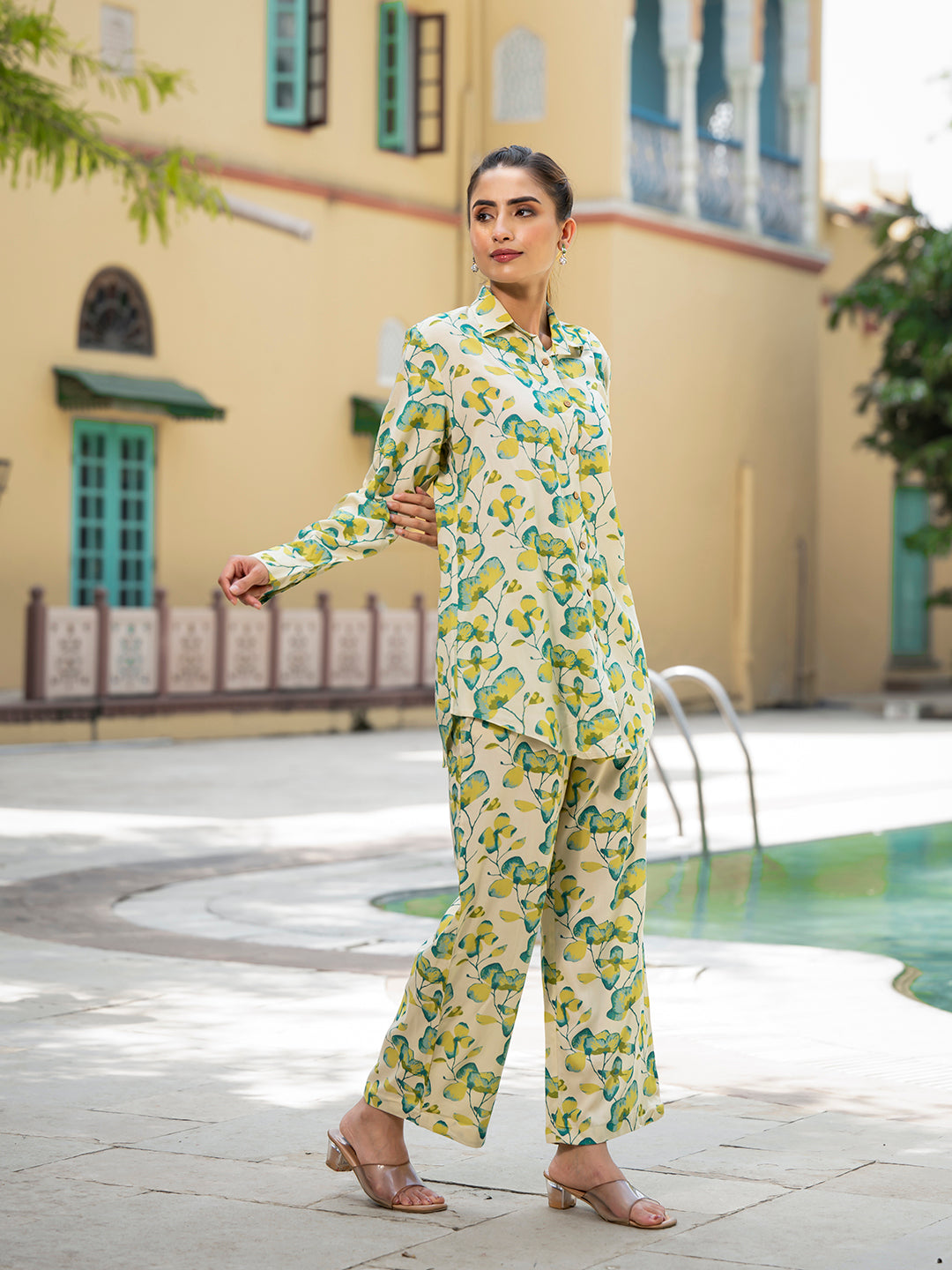 Green Floral Printed Rayon Co-ord Set for Women