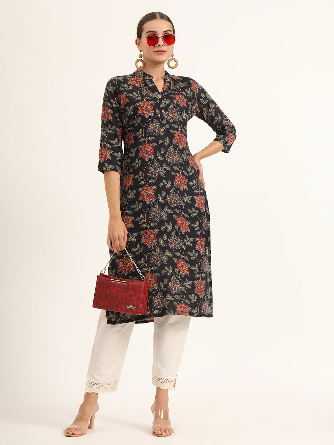 Black Floral Print Rayon Straight Kurta