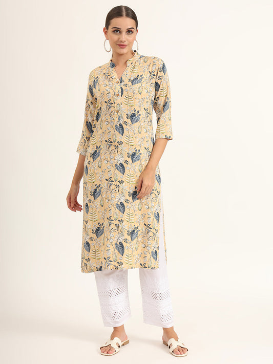 Yellow Floral Print Rayon Straight Kurta