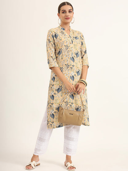 Yellow Floral Print Rayon Straight Kurta