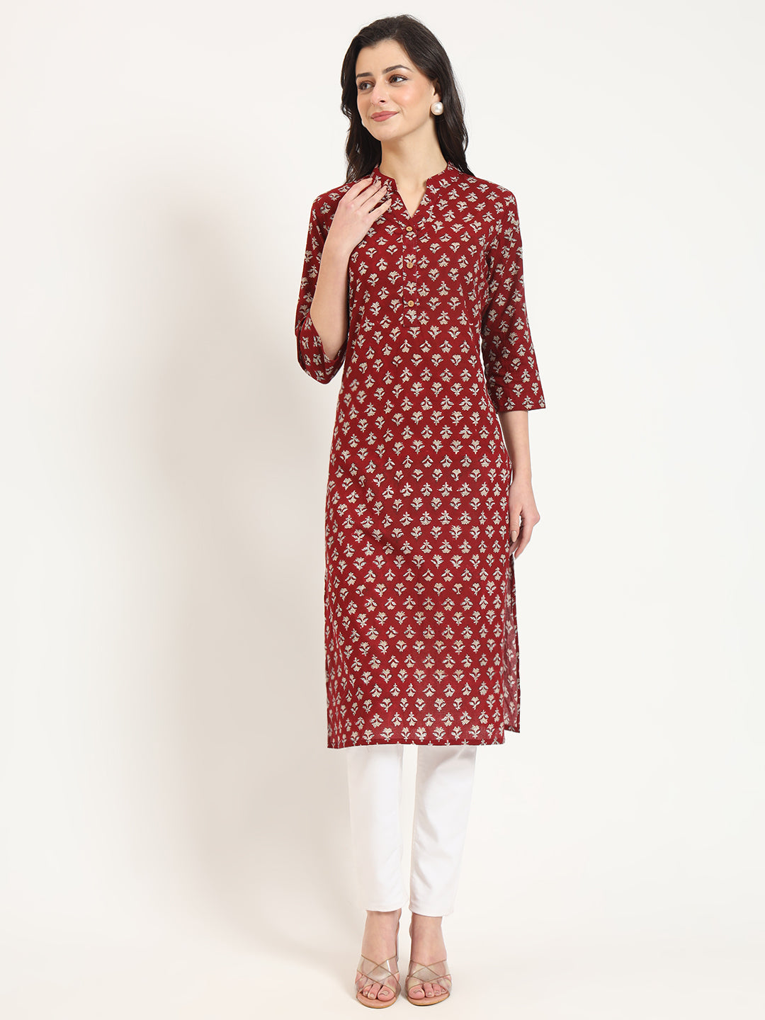 Maroon Floral Print Cotton Fabric Straight Kurta