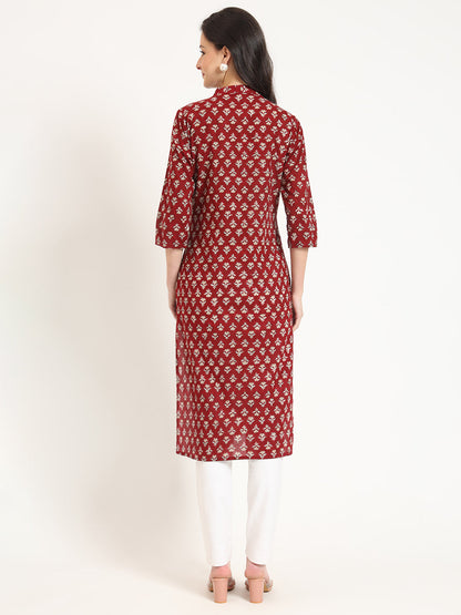 Maroon Floral Print Cotton Fabric Straight Kurta