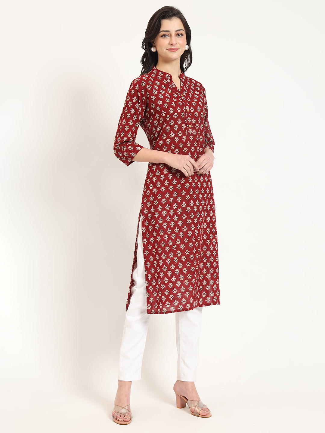 Maroon Floral Print Cotton Fabric Straight Kurta