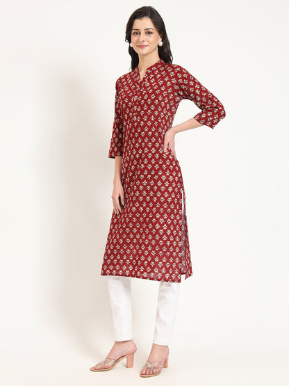 Maroon Floral Print Cotton Fabric Straight Kurta