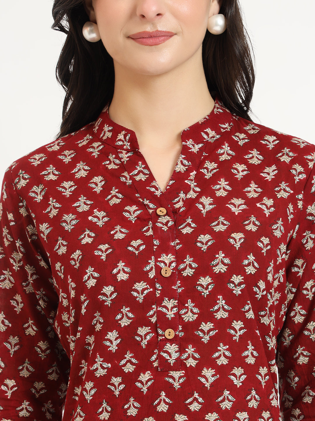 Maroon Floral Print Cotton Fabric Straight Kurta