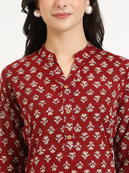 Maroon Floral Print Cotton Fabric Straight Kurta