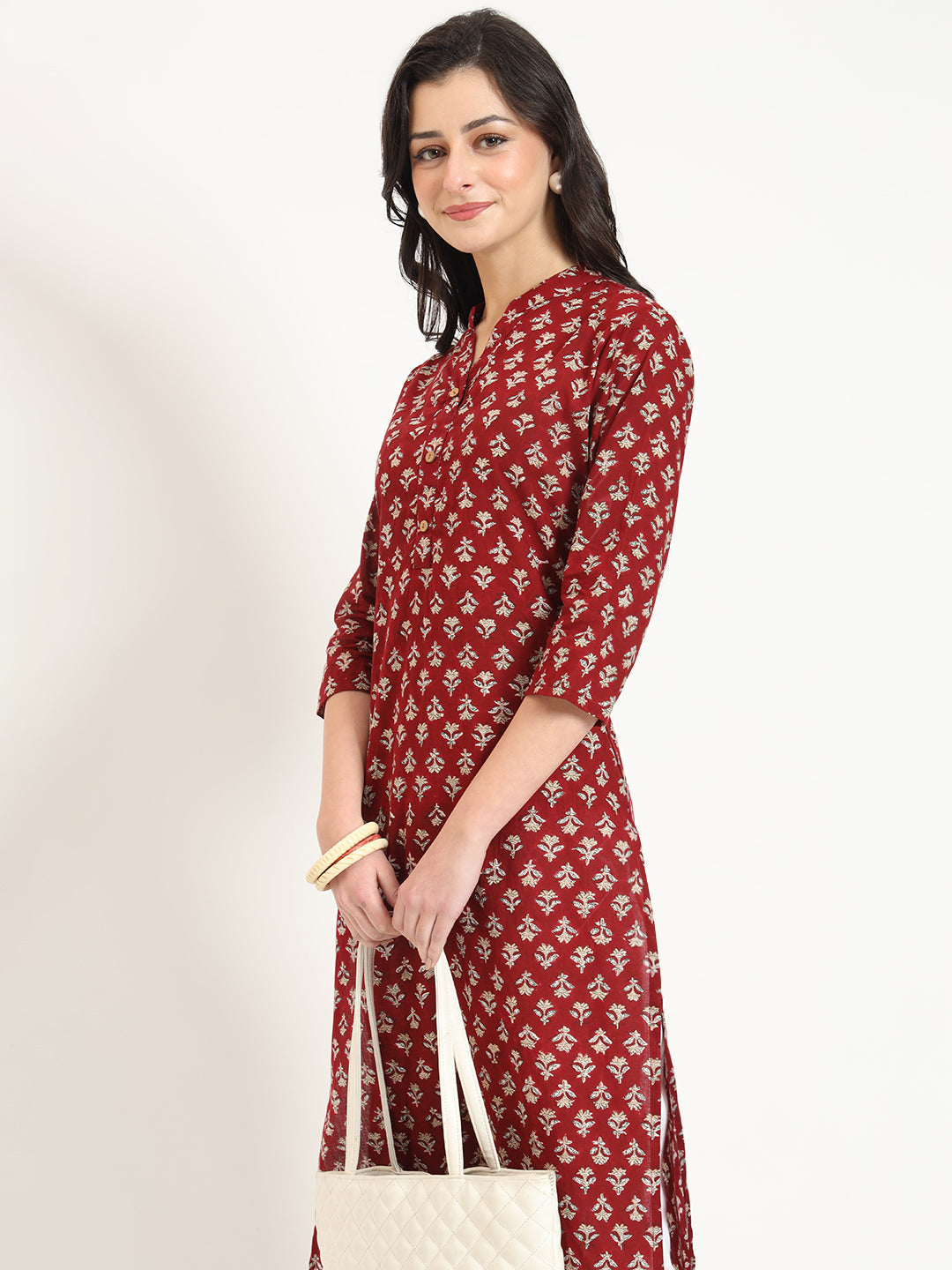 Maroon Floral Print Cotton Fabric Straight Kurta