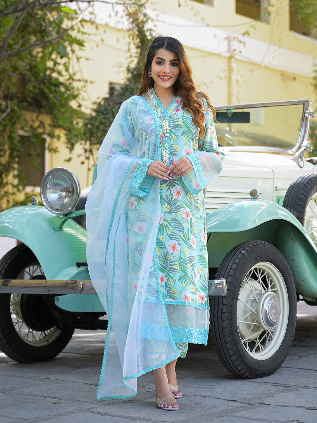 Seagreen Floral Printed Rayon Kurta Pant Set With Dupatta