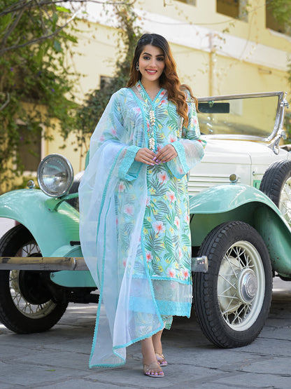 Seagreen Floral Printed Rayon Kurta Pant Set With Dupatta