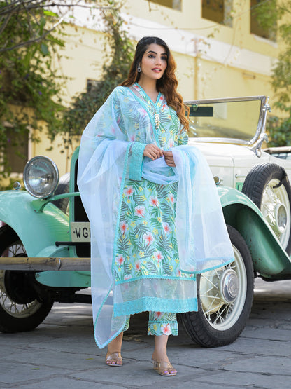 Seagreen Floral Printed Rayon Kurta Pant Set With Dupatta