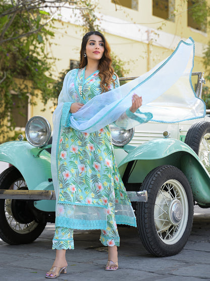 Seagreen Floral Printed Rayon Kurta Pant Set With Dupatta
