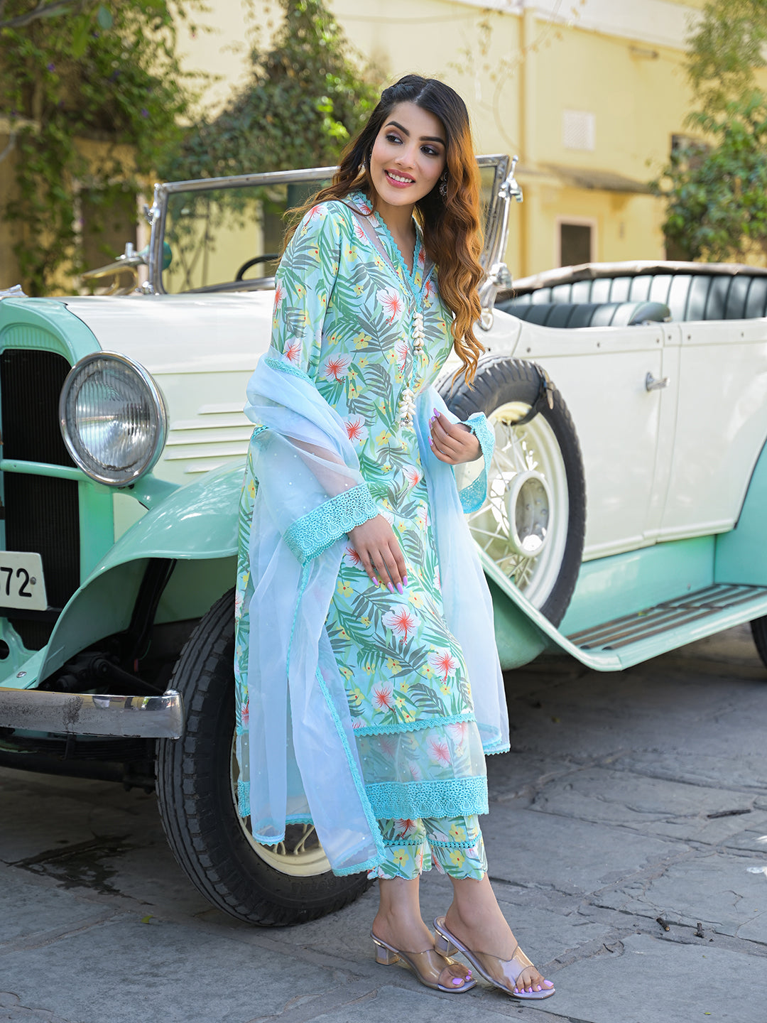 Seagreen Floral Printed Rayon Kurta Pant Set With Dupatta