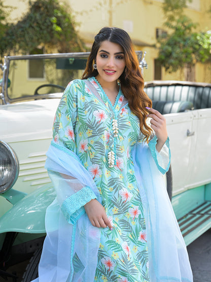 Seagreen Floral Printed Rayon Kurta Pant Set With Dupatta
