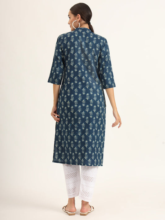Blue Floral Print Pure Cotton Straight Kurta