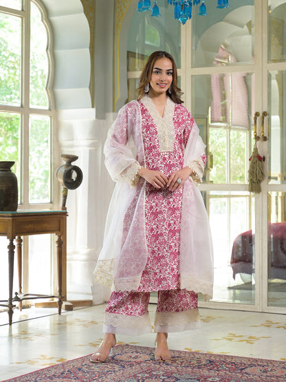 Cream & Pink Rayon Ethnic Print Kurta Pant with Dupatta