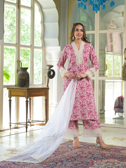 Cream & Pink Rayon Ethnic Print Kurta Pant with Dupatta