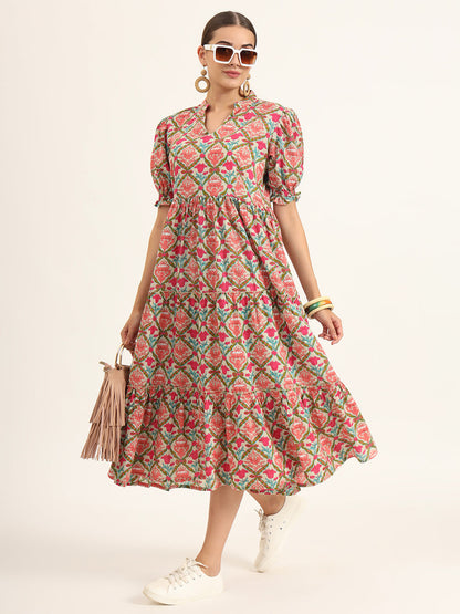 Multi Color Floral Print Midi Dress