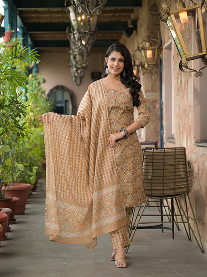 Brown Cotton Kurta Pant with Dupatta