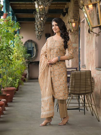 Brown Cotton Kurta Pant with Dupatta
