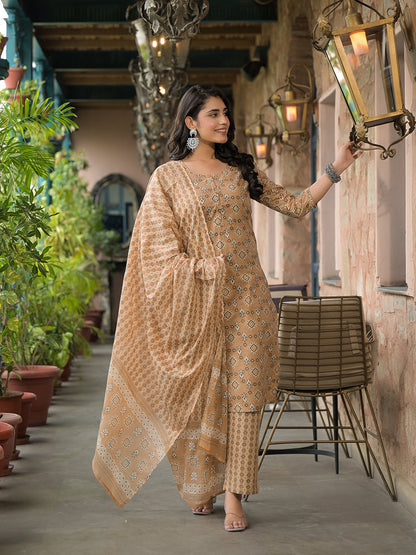 Brown Cotton Kurta Pant with Dupatta