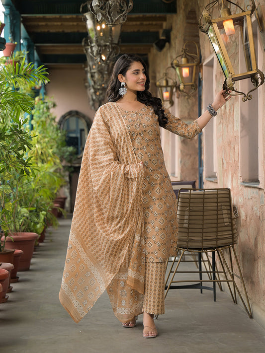 Brown Cotton Kurta Pant with Dupatta