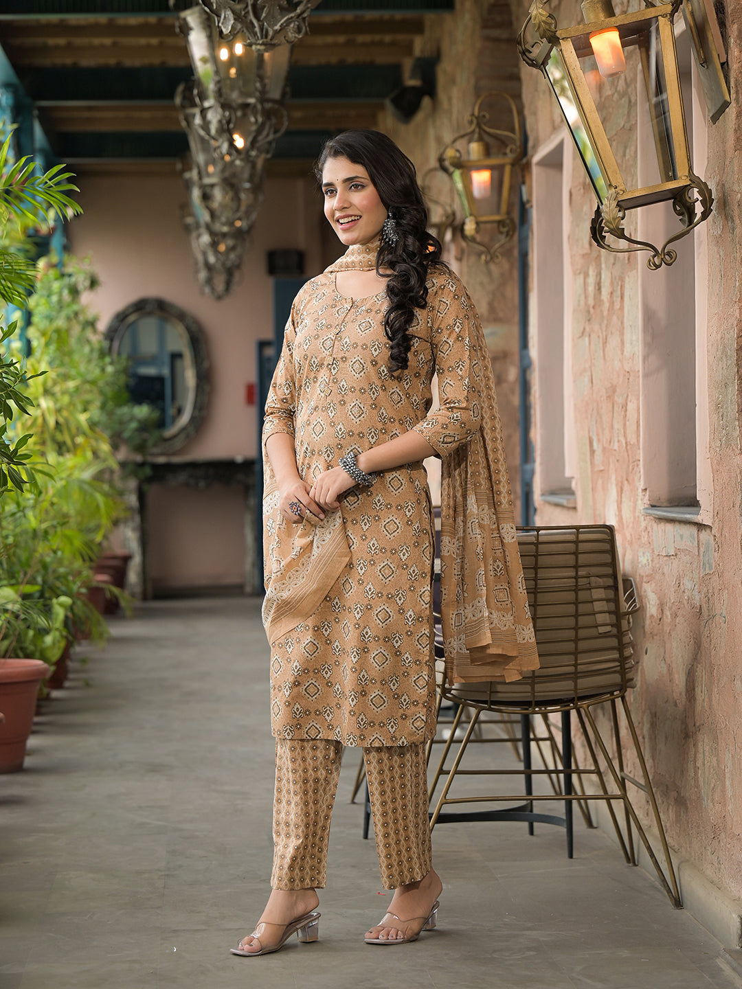 Brown Cotton Kurta Pant with Dupatta