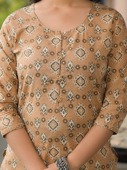 Brown Cotton Kurta Pant with Dupatta