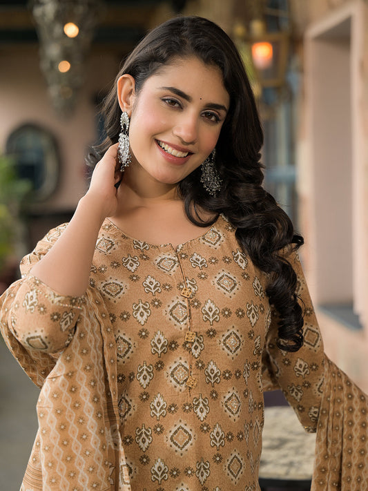 Brown Cotton Kurta Pant with Dupatta