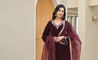 Embroidered Maroon Velvet Kurta Pant Dupatta Set for Women