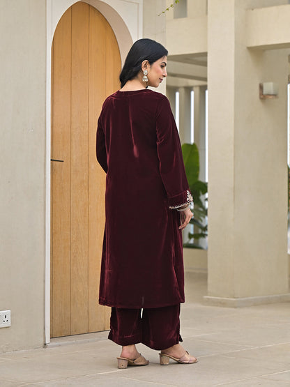 Embroidered Maroon Velvet Kurta Pant Dupatta Set for Women