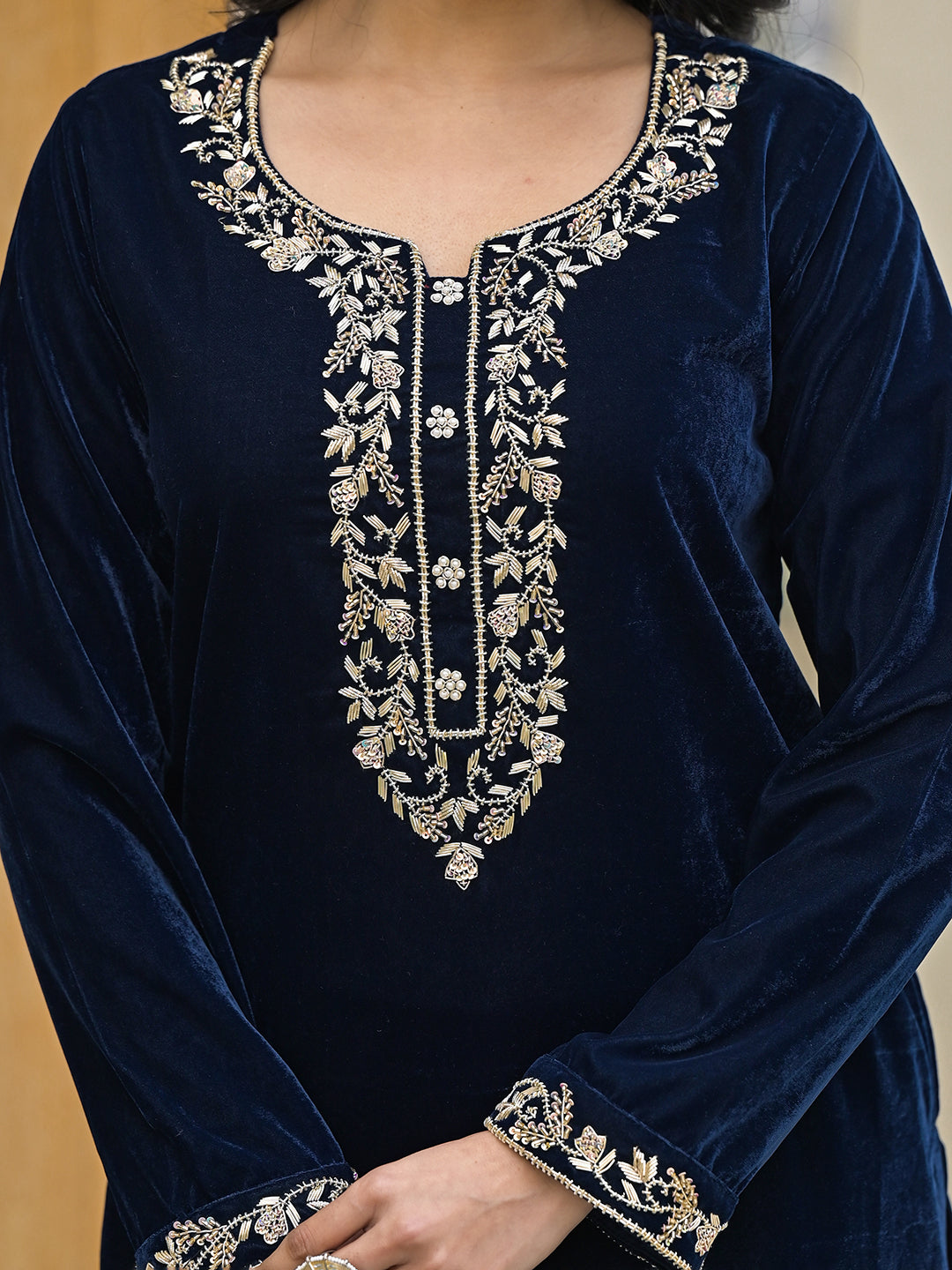 Embroidered Blue Velvet Kurta Pant Dupatta Set for Women